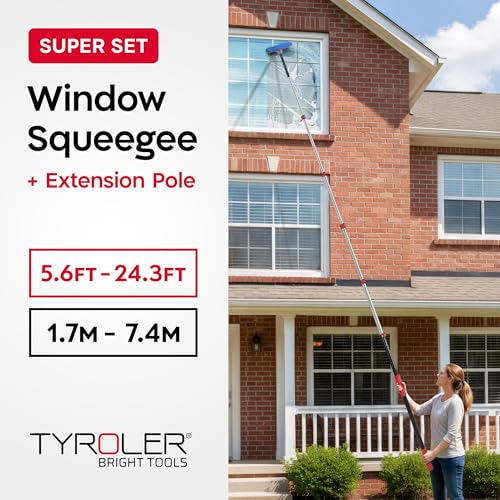 Tyroler Professional Window Squeegee with Extension Pole | Squeegee for Windows Cleaning | Outdoor Window Cleaner Tool, Windows Washing Kit with Extension Pole | Window Cleaning Kit (24.3 feet) - size: 24.3 feet