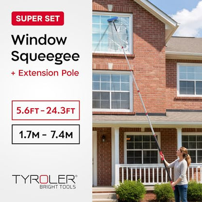 Tyroler Professional Window Squeegee with Extension Pole | Squeegee for Windows Cleaning | Outdoor Window Cleaner Tool, Windows Washing Kit with Extension Pole | Window Cleaning Kit (24.3 feet) - size: 24.3 feet
