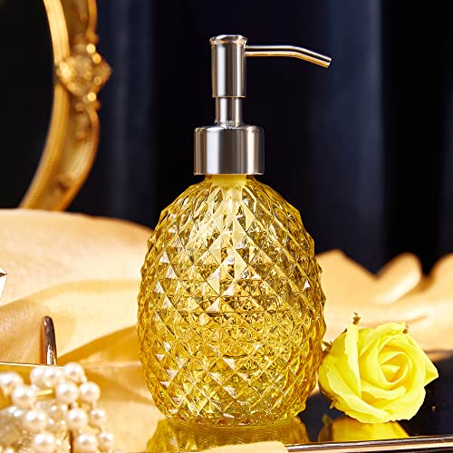 Glass Soap Dispenser with Stainless Steel Pump, 12oz Clear Dish Soap/Hand Soap/Laundry Soap/Lotion Dispenser, Refillable Liquid Dispenser for Bathroom Kitchen Shower (Yellow) - color: Yellow