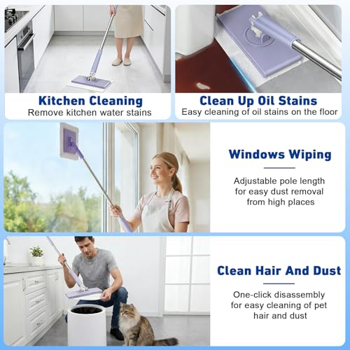 Snap Grip Mini Mop,Cloth Changing Mini Mop,360 Rotating Wet Dry for Whole House Cleaning,Foldable 35inch Retractable Long Handle Mopping Stick (Purple,1*p+6*Cloth)
