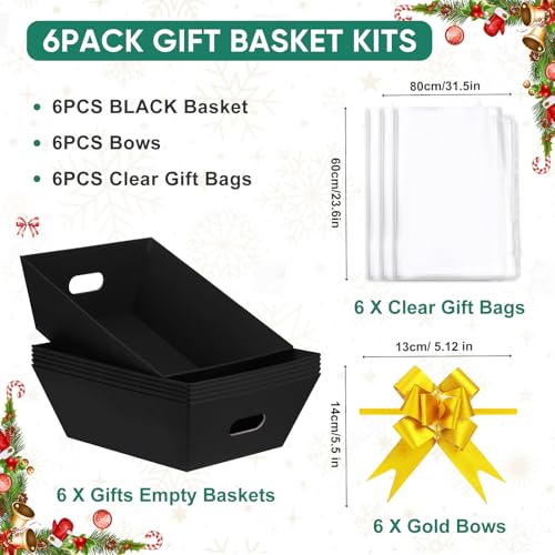 AFOROEOA 6PACK Black Baskets For Gifts Empty, 10x12”Thick Black Gift Basket with 6 Bows 6 Bags Empty Gift Baskets for Christmas Thanksgiving Wedding Birthday Party Wrapping Gift - color: 6PACK Black