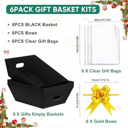 AFOROEOA 6PACK Black Baskets For Gifts Empty, 10x12”Thick Black Gift Basket with 6 Bows 6 Bags Empty Gift Baskets for Christmas Thanksgiving Wedding Birthday Party Wrapping Gift - color: 6PACK Black