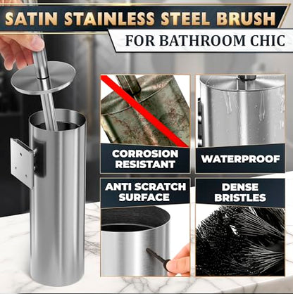 Silver Modern Toilet Brush and Holder Set with Wall Mount - Stainless Steel Toilet Brush with Holder - Removable Inner Bowl, Shiny Design, Splash Protection & Dense Bristles for Bathroom Cleaning - color: Silver Wall-mounted
