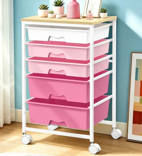 SUNALLY Rolling Storage Utility Cart With 5 Drawers, 5 Tier Rolling Cart with Wooden Tabletop and 2 Lockable Wheels, Storage Drawer Cart for Craft Art Supply Storage & Home Office Organization, Pink - color: Pink