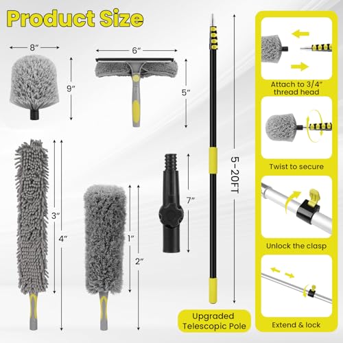 26FT High Ceiling Duster Kits with 5-20 Ft Extension Pole, Fan Blade Cleaner, Cobweb Duster, Window Squeegee Kit, Spider Web Brush for High Window, Interior Roof - size: 20FT