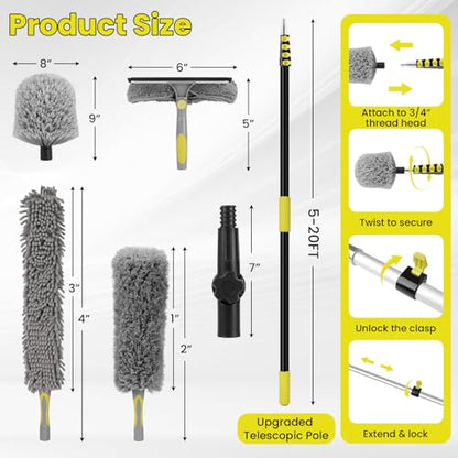 26FT High Ceiling Duster Kits with 5-20 Ft Extension Pole, Fan Blade Cleaner, Cobweb Duster, Window Squeegee Kit, Spider Web Brush for High Window, Interior Roof - size: 20FT