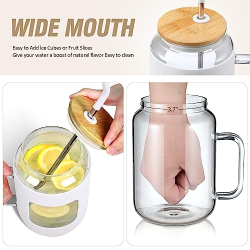 WINSA 50 oz Glass Water Bottles with Silicone Sleeve,Glass Tumbler with Lid and Straw,Iced Coffee Cup with Handle,BPA Free-White - color: White