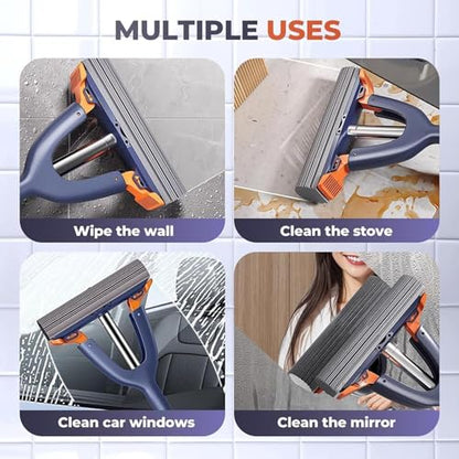 Squeezable Sponge Mop with Stainless Steel Handle, Navy Blue, Orange, 20.3 Inch Length, Self-Squeezing Design for Floor, Wall, Window Cleaning