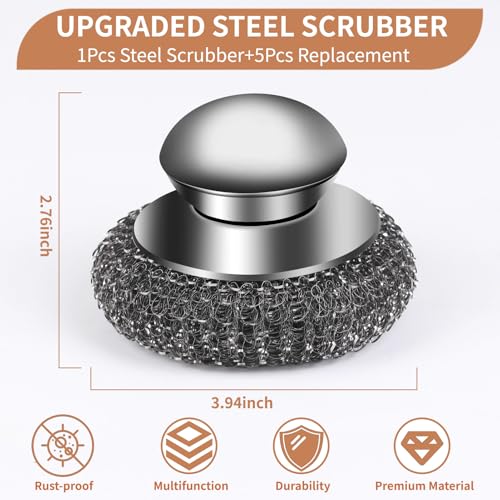 6Pcs Steel Wool Scrubber with Replacement Wire Pads Set, Stainless Steel Scrubber with Handle for Scouring Stubborn Messes from Cast Iron, Pots, Pans, Grill, Stoves, Sink(1 Scrubber+5 Pads)
