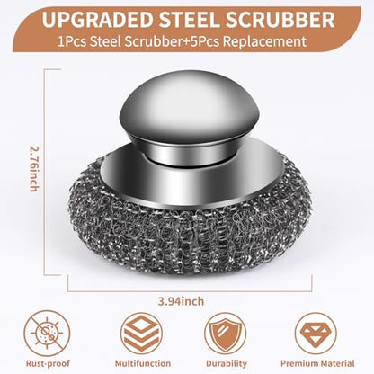 6Pcs Steel Wool Scrubber with Replacement Wire Pads Set, Stainless Steel Scrubber with Handle for Scouring Stubborn Messes from Cast Iron, Pots, Pans, Grill, Stoves, Sink(1 Scrubber+5 Pads)