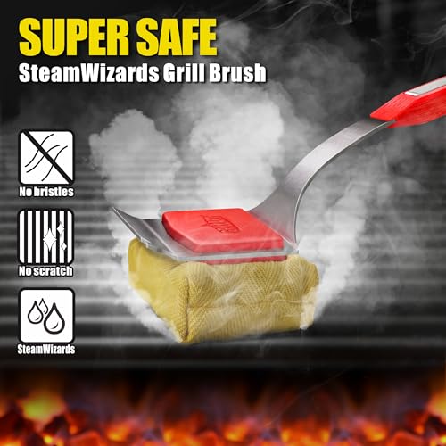 GRILLART Grill Brush Bristle Free. SteamWizards BBQ Replaceable Cleaning Head, Unique Seamless-Fit Scraper Tool for Cast Iron/Stainless-Steel Grates, Safe Barbecue Grill Cleaner-Red - color: Grill Brush & Scraper