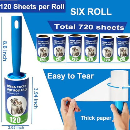 Lint Rollers for Pet Hair Extra Sticky- Lint Brush for Clothes, Furniture, Carpet,Car, Floor,Bed-Pet Hair Roller for Dog Cats Hair Removal- Reusable Handle and Refills (Large(2 Handle+ 6 Refills)) - size: large(2 handle+ 6 refills)