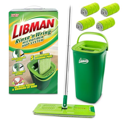 Libman Rinse 'n Wring Mop and Bucket System | Microfiber Floor Mop | Hardwood Floor Cleaner | Wet & Dry Mop | Clean & Dirty Water Chambers | Power Blades | 5 Total Microfiber Pads - style: 5 Pads