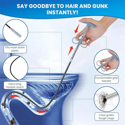 61 Inch Drain Snake Upgraded Ergonomic Grip – Toilet Snake Flexible Grabber Claw for Clog Remover & Pick Up Small Items - color: 63'' Bule Drain Snake