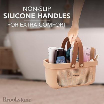 Brookstone Modern Large Portable Shower Caddy with Soft Silicone Carrying Handle, Bathroom Organizer Basket, Plastic Bath Tote and Shower Organizer, Quick Dry Drainage Holes, BPA Free, Blush - color: Blush / Beige