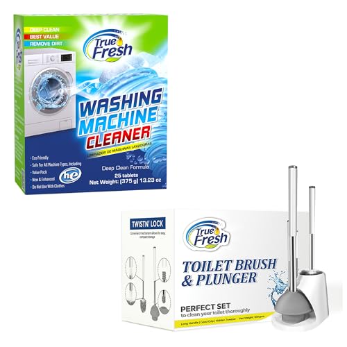 True Fresh 25-Pack Washing Machine Cleaner Tablets (12-Month Supply) & 2-in-1 Toilet Brush & Plunger Set - Ultimate Deep Cleaning for a Fresh, Sparkling Home
