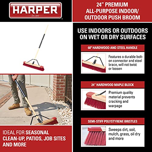 Harper 24 Inch Premium Indoor/Outdoor Wet/Dry, Dirt, Soil, Mulch All-Purpose Push Broom with Semi-Stiff Bristles, Grass and Oil, Wood Handle - style: Premium Indoor/Outdoor Wet/Dry Push Broom