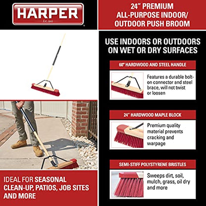 Harper 24 Inch Premium Indoor/Outdoor Wet/Dry, Dirt, Soil, Mulch All-Purpose Push Broom with Semi-Stiff Bristles, Grass and Oil, Wood Handle - style: Premium Indoor/Outdoor Wet/Dry Push Broom
