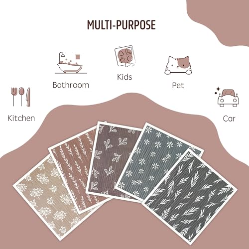 Swedish Dishcloths for Kitchen, 5 Pack Reusable Paper Towels Washable, Super Absorbent Swedish Dish Cloths, Non-Scratch, Biodegradable - color: 5 Count- Leaf