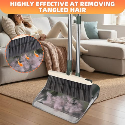 Broom with Dustpan Combo Set, Heavy Duty Standing Metal Dust Pan with Teeth, Indoor Outdoor Up for Home Kitchen Lobby Room Office, Green - color: Green