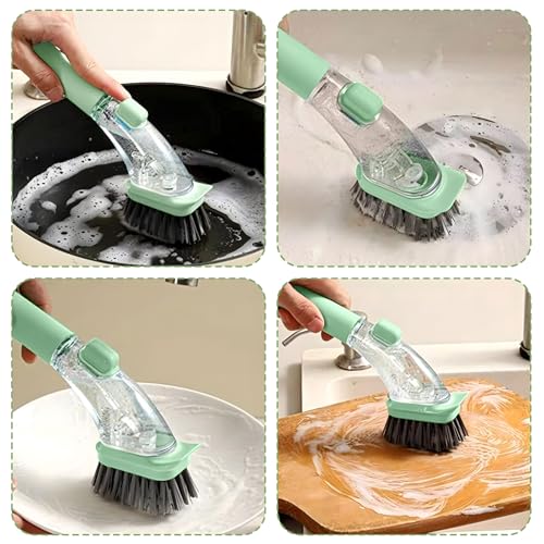 2-in-1 Soap Dispensing Dish Brush with Handle - Kitchen Scrub Brush for Easy Cleaning of Dishes, Pots, Pans, and Sinks (Green) - Efficient and Ergonomic Design Green - color: Green