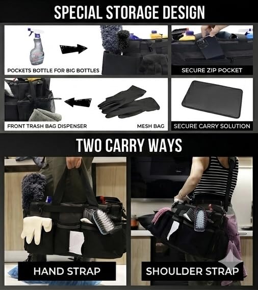 Wearable Cleaning Caddy Organize Bag with Spray bottle & Towel, Handles for Cleaners & Housekeeper,Under Sink & Car Cleaning Tool Organizers Bag with Adjustable Shoulder Strap&Waist Belt (Black) - color: Black