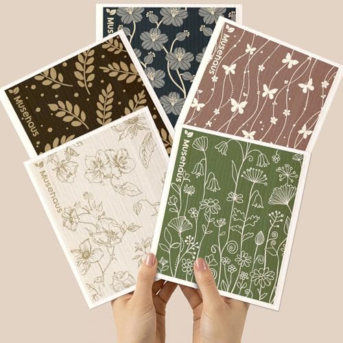 5 Pack Swedish Dishcloths - Reusable Dish Cloths for Kitchen 5 PCS Non-Scratch Absorbent Compostable Elegant Floral Patterned Swedish Sponge Cloths for Cleaning, Line Art - color: Line Art