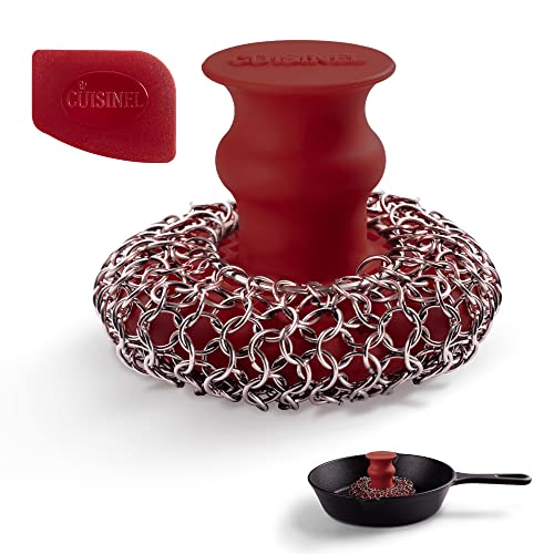 Cast Iron Chainmail Scrubber + Pan Scraper - Ergonomic Stainless and Silicone Cleaner for Pots and Skillets - Premium Food-Safe Design - Easy to Clean Dishwasher Safe Cookware Sponge Kitchen Accessory - color: Red, size: Deluxe