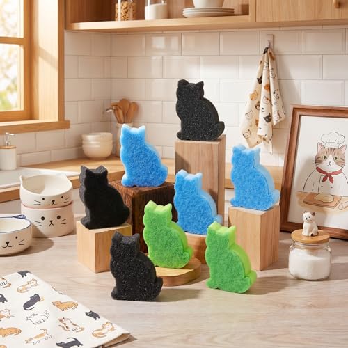 Tioncy 12 Pack Cat Shaped Double Sided Sponge Scrubbers, Cute Cat Dish Sponges, Reusable Non Scratch Kitchen Cleaning Sponges for Dishes, Pots, Sink and Household Cleaning (Black Green Blue) - color: Black, Green, Sky Blue, style: Cat