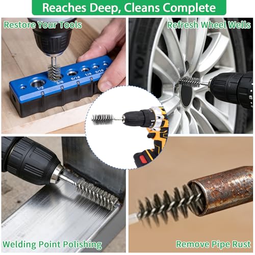 Wayona 20PCS Hand-Twisted Stainless Steel Bore Brush Set & Deep Reaching Wire Brush, 1/4" Hex Shank Drill Attachment for Rust Removal and Cleaning (8,10,13,15,17,19,22,25,28,30mm, Each Size 2Pcs)