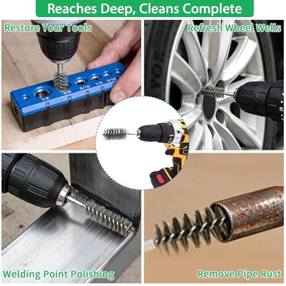 Wayona 20PCS Hand-Twisted Stainless Steel Bore Brush Set & Deep Reaching Wire Brush, 1/4" Hex Shank Drill Attachment for Rust Removal and Cleaning (8,10,13,15,17,19,22,25,28,30mm, Each Size 2Pcs)