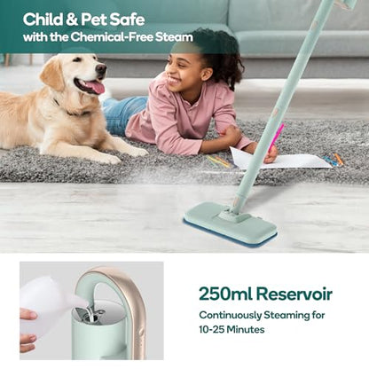 Newbealer Steam Mop & Detachable Handheld Cleaner, 1200W Floor Steamer | 3 Adjustable Levels for Carpet Laminate Hardwood Grout, Carpet Glider, 11 Multi-purpose Accessories & 2 Pads, 250ml Tank - color: Green with 11 brushes