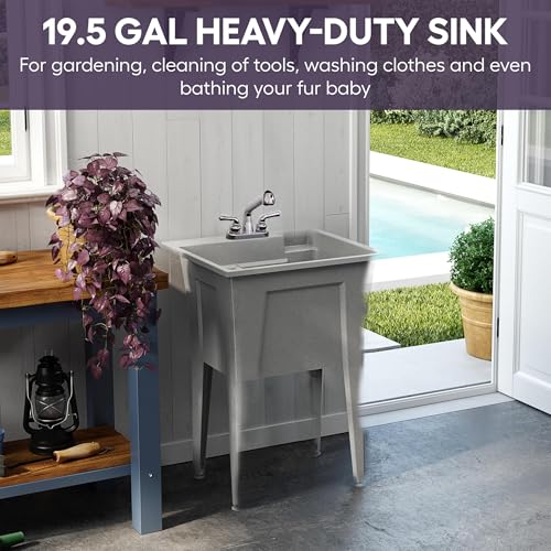 Freestanding Utility Sink with One Handle Black Faucet - 24" Plastic Utility Sink for Garage, Laundry, Indoor and Oudoor Use - Laundry Tub Kit by Noah William Home - Grey (19.5 gal) - color: Grey - One handle black faucet