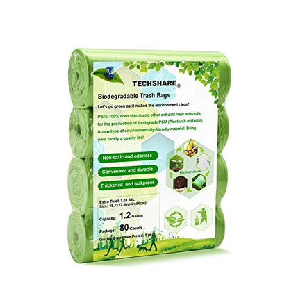 TECHSHARE 1.2 Gallon Biodegradable Trash Bags, 80 Count, Compostable Garbage Bags, 1.5 Gallon Capacity, Green - size: 1.2 Gallon, 80 Count (Pack of 1)