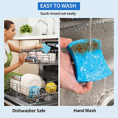 Non-Scratch Cellulose Scrub Sponges 12 Pack, Sponges Kitchen with Double-Side & Ergonomic Design for Dishes, Coated Cookware, Sink & Countertops. - color: Blue, size: 12 Pack