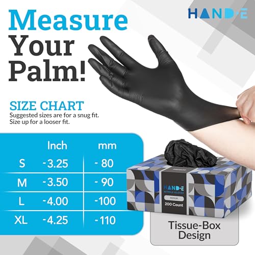 Hand-E Touch Black Nitrile Disposable Gloves Medium, 50 Count - BBQ, Tattoo, Hair Dye, Cooking, Mechanic Gloves - Powder and Latex Free - style: Medium