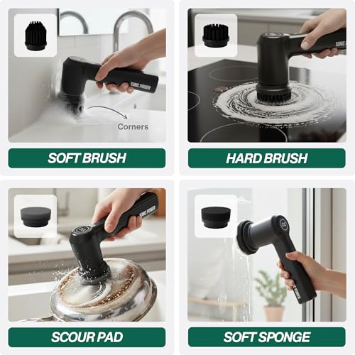 SonicPower Electric Spin Scrubber – Handheld & Ergonomic, IPX7 Waterproof, 4 Multi-Purpose Brush Heads, Long-Lasting Rechargeable Battery – Cleans Dishes, Bathroom, Tile, Grout & Kitchen (Black) - color: Black