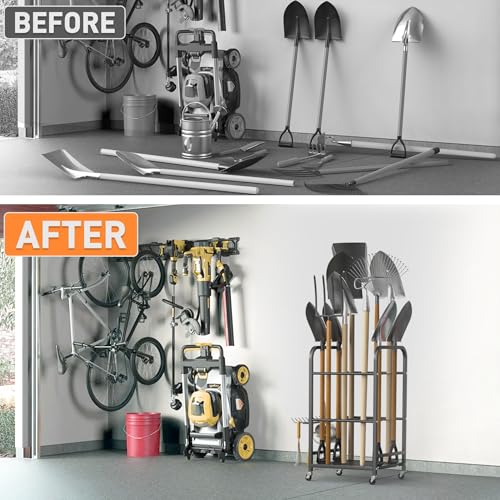 TORACK Garden Tool Organizer Stand with Wheels, Rakes Shovels Yard Tools Stand for Garage, Shed, Garden, Indoor/Outdoor Long-Handled Tools Cart - style: Tool Stand