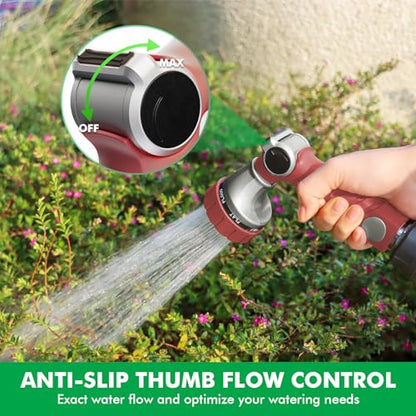 RESTMO Heavy Duty Hose Nozzle, Metal Garden Water Hose Sprayer with 7 Watering Patterns, Thumb Control, On Off Valve, High Pressure Nozzle Sprayer for Watering Plants, Car and Pet Washing, Red - color: Red