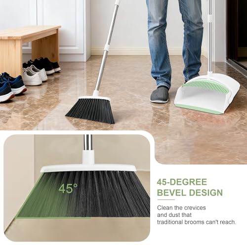 Broom with Dustpan Combo Set for Home, 52-in Long Adjustable Handle Angle Broom and Dustpan Set with Dustpan Comb Teeth for Sweeping Pet Hair Food Dirt Kitchen (White-Green) - color: White-green