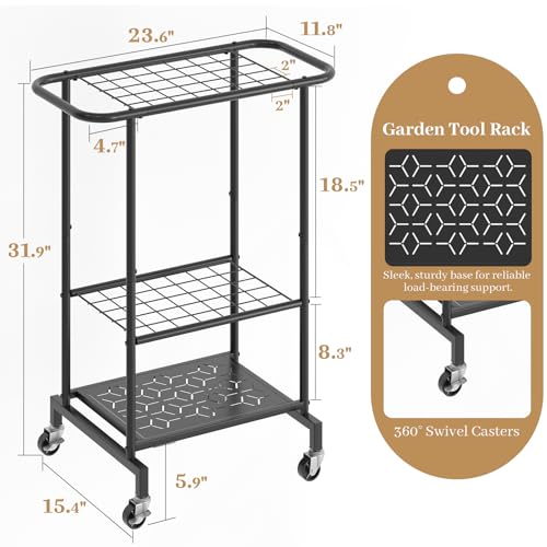 Garden Tool Organizer with Wheels, Heavy Duty Metal Garage Tool Storage Rack, Yard Tool Holder for Long-Handled Tools, Rakes and Brooms, Indoor and Outdoor Use for Shed, Patio - style: Tool Rack with Wheels