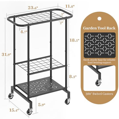 Garden Tool Organizer with Wheels, Heavy Duty Metal Garage Tool Storage Rack, Yard Tool Holder for Long-Handled Tools, Rakes and Brooms, Indoor and Outdoor Use for Shed, Patio - style: Tool Rack with Wheels