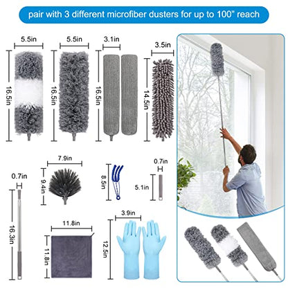 Microfiber Extendable Feather Duster (11pcs) with 100" Extension Pole, Washable Reusable Bendable Dusters for Cleaning Ceiling Fan, High Ceiling, TV, Blinds, Cars