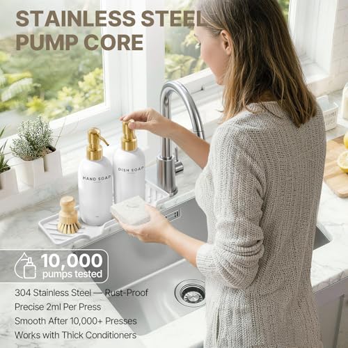 Kitchen Soap Dispenser Set - Dish Soap Dispenser for Kitchen with Self Drain Tray, 17oz Glass Bottle, Stainless Steel Pump, Sponge, and Dish Brush - Gold - color: White Bottle + Gold Pump