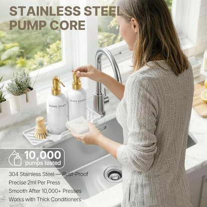 Kitchen Soap Dispenser Set - Dish Soap Dispenser for Kitchen with Self Drain Tray, 17oz Glass Bottle, Stainless Steel Pump, Sponge, and Dish Brush - Gold - color: White Bottle + Gold Pump