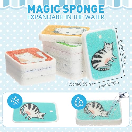 Maxdot 50 Counts Compressed Cellulose Sponges Bulk Cat Style Natural Kitchen Compostable Non Scratch Dish Sponges for Washing Dishes, Cleaning Countertop Sink, Kids DIY - style: Cat Style