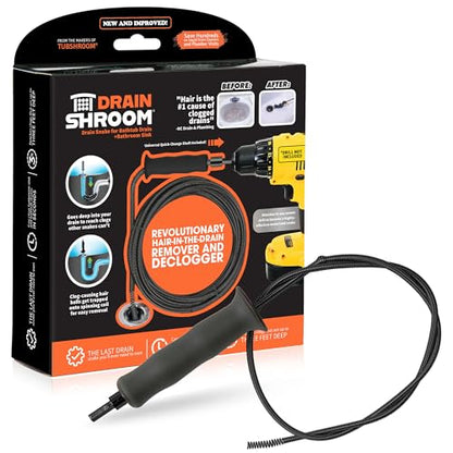 DrainShroom Drain Snake Auger, 36 Inch, Power Drill Attachment, Hair Clog Remover for Bathroom Sink and Bathtub, Stainless Steel, Matte Black