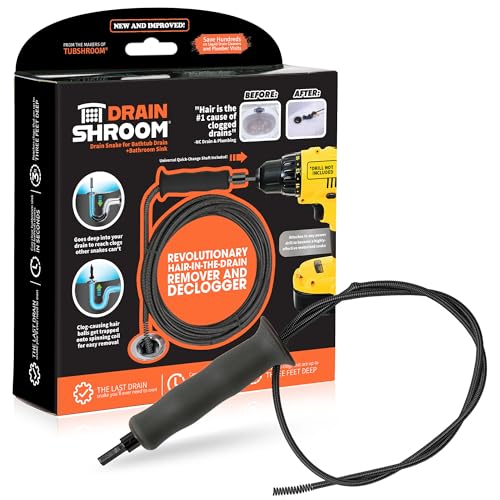 DrainShroom Drain Snake Auger, 36 Inch, Power Drill Attachment, Hair Clog Remover for Bathroom Sink and Bathtub, Stainless Steel, Matte Black