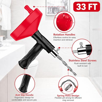 Drain Snake Auger 33 Ft, Plumbing Snake Drain Hair Clog Removal Tool, Heavy Duty Snake Auger, Sink Unclogger Drain Cleaner Tool for Bathroom Kitchen Tub Shower Drain Clog Remover with Gloves, Red