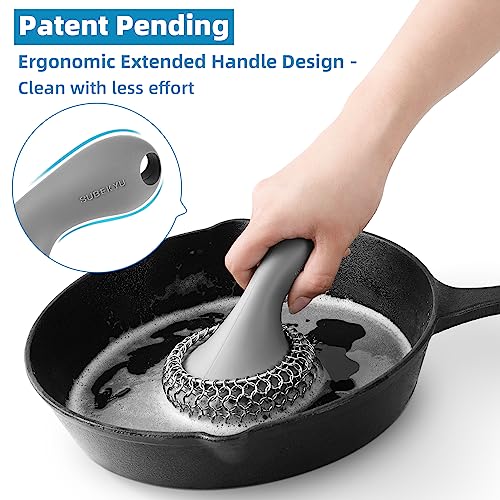 SUBEKYU Cast Iron Scrubber with Silicone Handle, Stainless Steel Cast Iron Skillet Cleaner Chainmail Scrubber for Pans, Grey - color: Gray